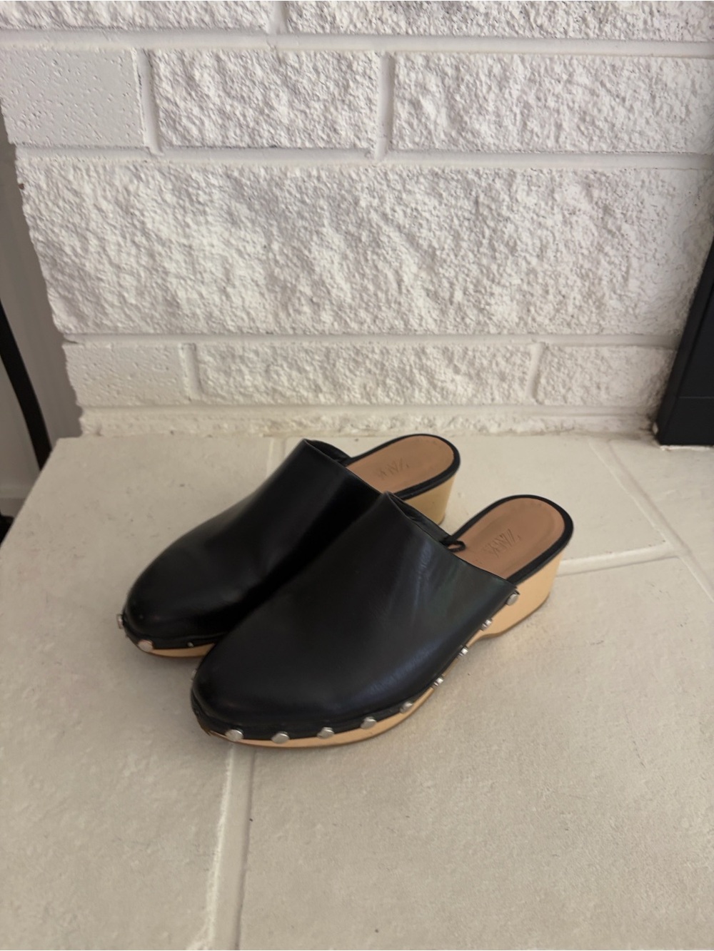 Zara Black Leather Studded Clog Mules